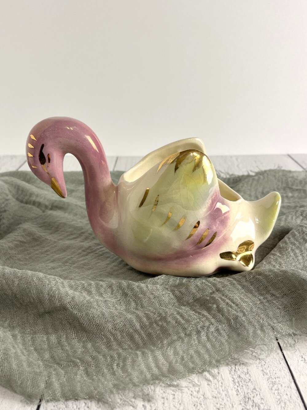 Vintage 1950s Pink Ceramic Swan Planter Mid Century Gold Accent